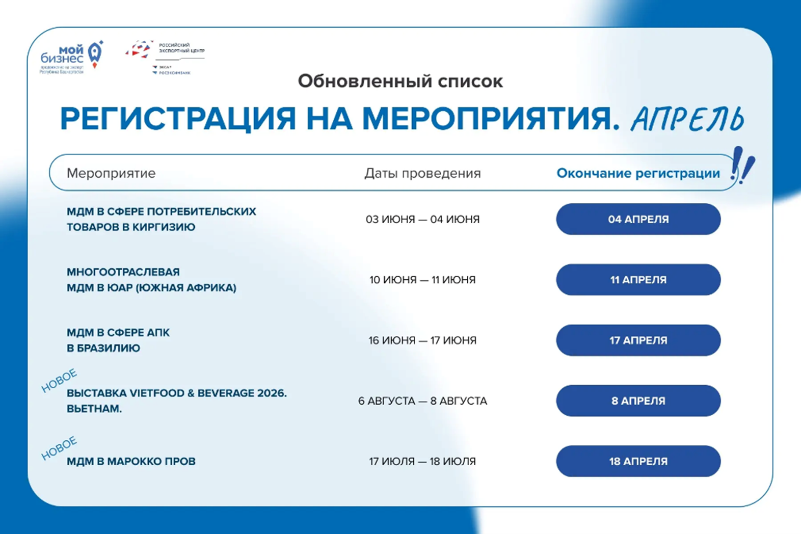 Обновляем экспортный календарь: еще два направления с регистрацией в апреле! 